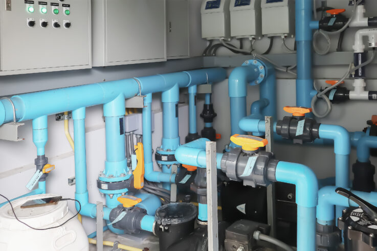 Image background of inside mechanical room of pipeline system for swimming pool.