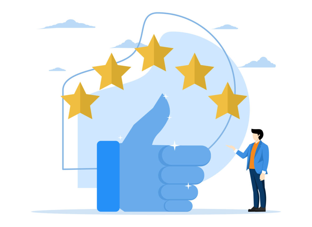 user experience or five star rating concept, young business owner with big thumbs up and 5 star rating, Best star rating, high quality product or good quality service, excellent customer feedback.